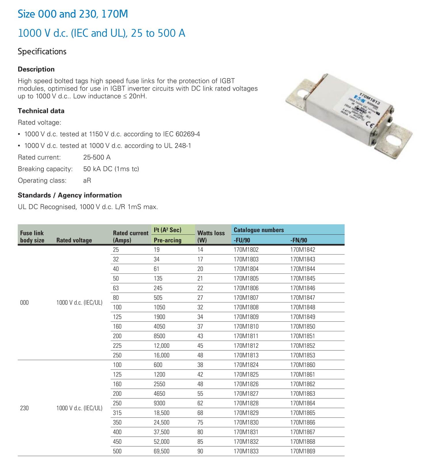 IGBT Fuse Links 1000V, 25 to 500A